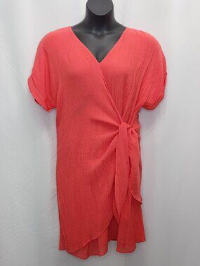 Morgan Taylor Crinkle Faux Wrap Dress Womens XL Orange V Neck Casual Work D01